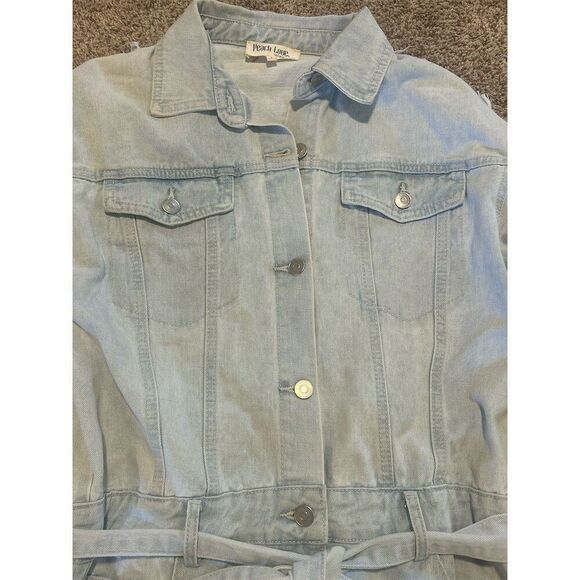 Peach Love California Romper Womens S Blue Light Wash Denim Fringe Belted - Picture 6 of 10